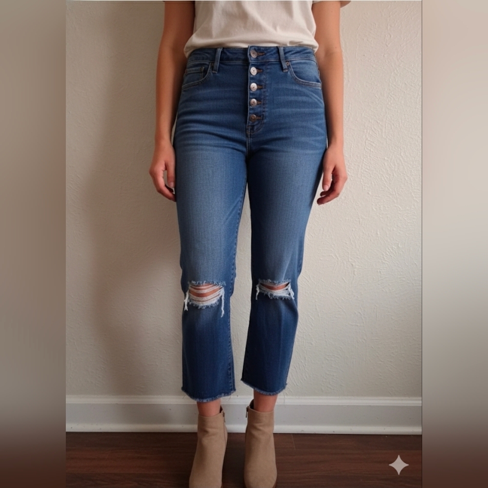 ​True Religion STARR High Rise Cropped Straight Distressed Button Fly Jeans 31